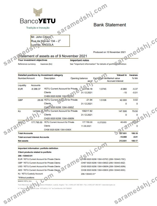 Angola Banco Yetu bank statement template in Excel and PDF format